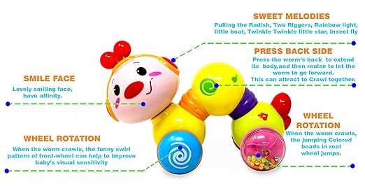Musical Press & Crawl Worm Toy for Babies – Light, Sound & Early Development Learning Toy (Multicolor, Ages 12M–10Y)