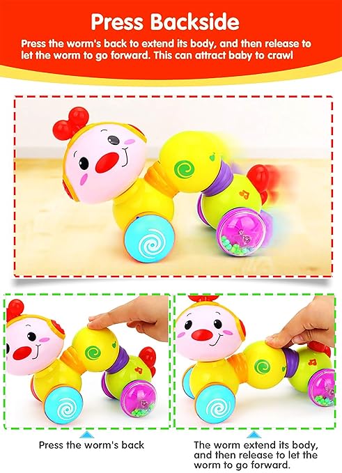 Musical Press & Crawl Worm Toy for Babies – Light, Sound & Early Development Learning Toy (Multicolor, Ages 12M–10Y)