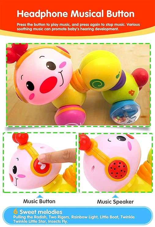 Musical Press & Crawl Worm Toy for Babies – Light, Sound & Early Development Learning Toy (Multicolor, Ages 12M–10Y)