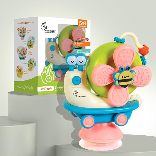 R for Rabbit Orapple Spinster Toy – 5-in-1 Baby Suction Spinner, Rattle, Friction Car & Sensory Play Toy, BPA-Free, Battery-Free Fun