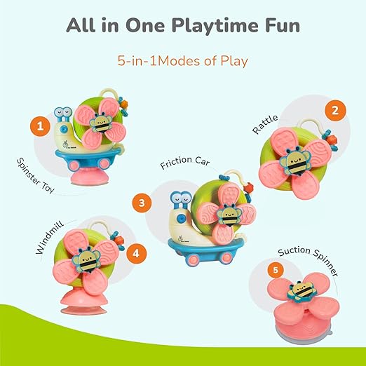 R for Rabbit Orapple Spinster Toy – 5-in-1 Baby Suction Spinner, Rattle, Friction Car & Sensory Play Toy, BPA-Free, Battery-Free Fun