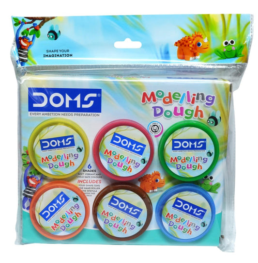 DOMS Modelling Dough – 6 Shades (150g) | Safe & Non-Toxic | Fun DIY Art & Craft Kit for Kids | Includes 6 Dough Shades, 4 Shape Cutters, 1 Roller & 1 Spatula