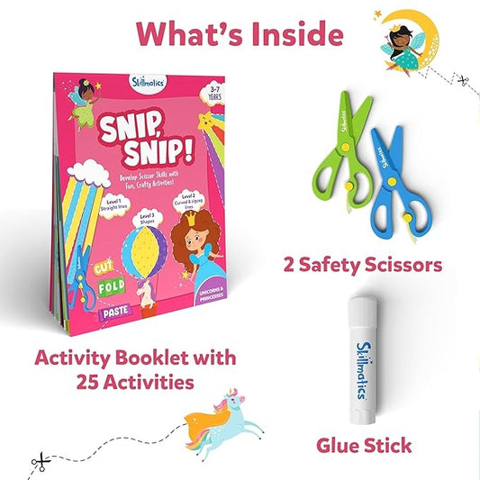 Skillmatics Snip Snip Cutting Book – 25 Fun Activities with 2 Child-Safe Scissors | Craft Kit for Ages 3-7 (Multicolour)