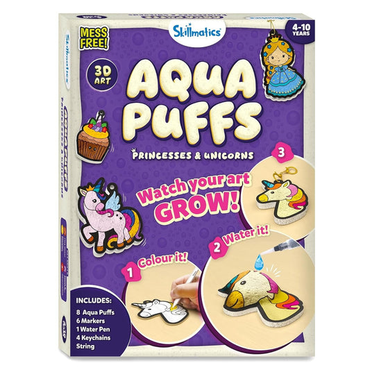 Skillmatics 3D Art Kit - Aqua Puffs Princesses & Unicorns, Mess-Free Painting Craft for Kids, DIY Colour