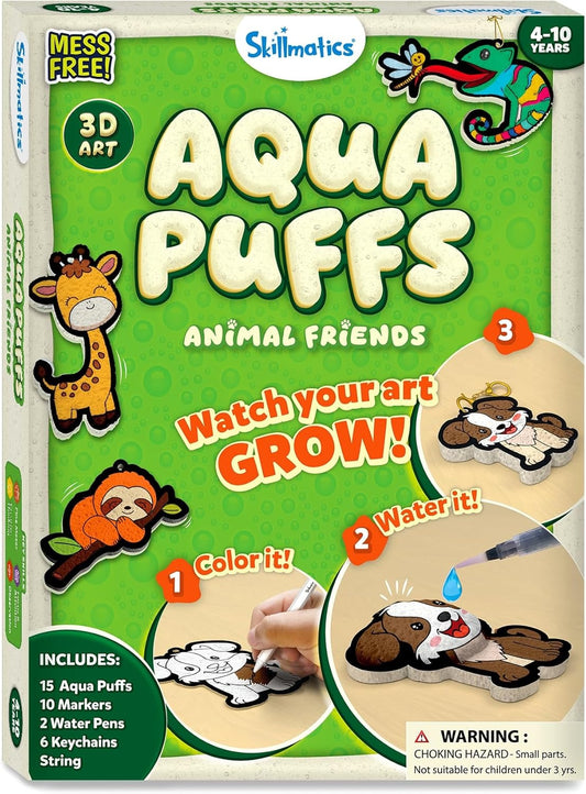 Skillmatics 3D Art Kit - Aqua Puffs Animals, Mess-Free Painting Craft for Kids, DIY Color