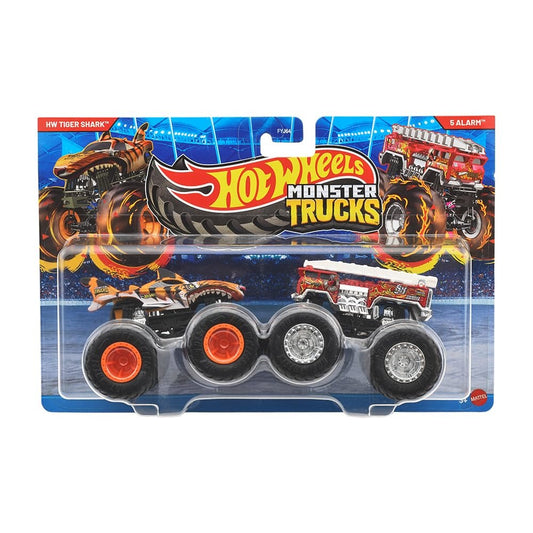 Hot Wheels Monster Trucks Tiger Shark vs 5 Alarm 1:64 Scale Demoliton Doubles