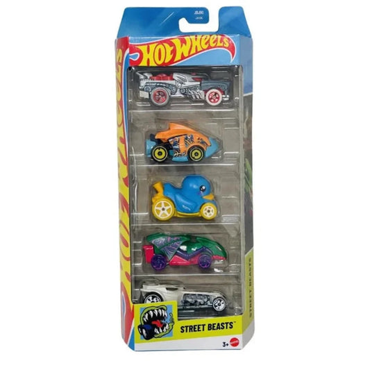 Hot Wheels Car 2025 Street Beasts Pack of 5 (Duck N Roll, Hotweiler, Ratical Racer, Piranha Terror, Vampyra)