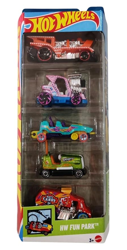 Hot Wheels Car 2025 HW Fun Park Pack of 5 (Bump Around, Loopster, Cool One, Loco Motorin, Tee'd Off 2) Multi - Color