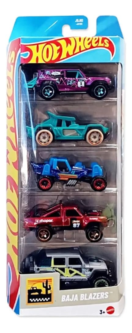 Hot Wheels Car 2025 Baja Blazers Pack of 5 (Bull Whip, 87 Dodge D100, Ford Bronco R, Mountain Mauler, 17 Jeep Wrangler