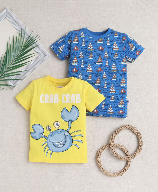 Bumzee’s cotton T-shirts duo: half sleeves, vibrant blues & yellows, and playful crab vibes!