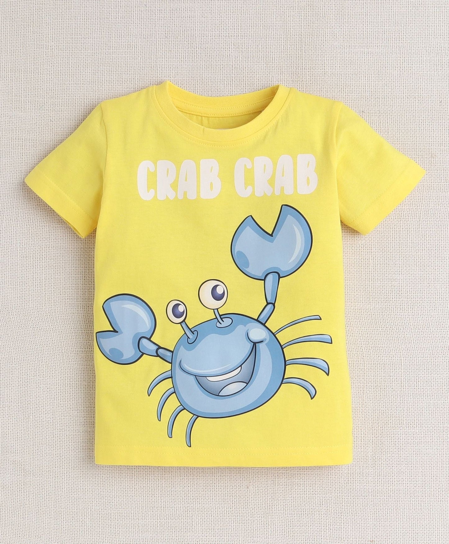 Bumzee’s cotton T-shirts duo: half sleeves, vibrant blues & yellows, and playful crab vibes!