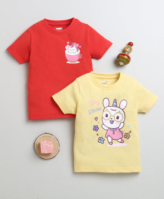 Bumzee Girl's 2-Pack 'stay STRONG' Basic T-Shirts (Yellow/Red)