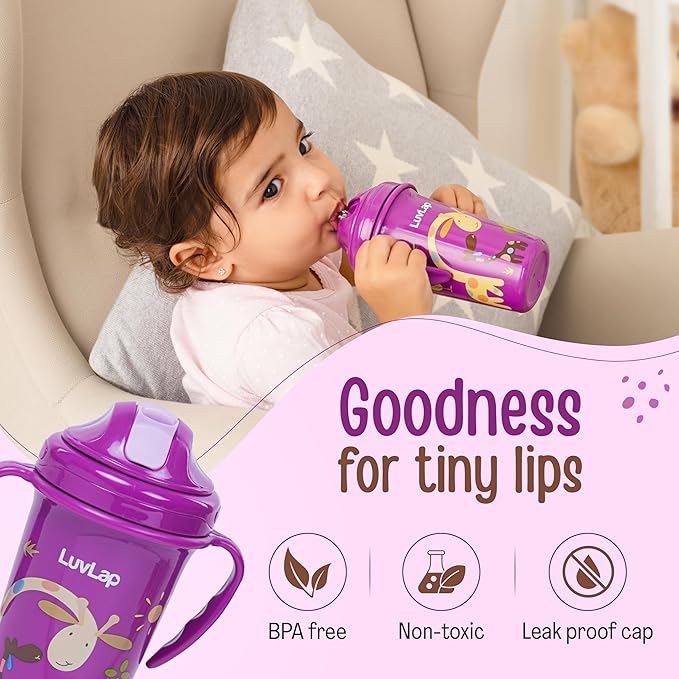 LuvLap Tiny Giffy Sipper – 300ml Anti-Spill Sippy Cup with Soft Silicone Straw, Purple, BPA-Free, Suitable for Infants & Toddlers 18 Months+