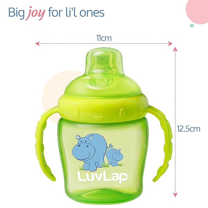 LuvLap Hippo Spout Sipper – 225ml, Anti-Spill Sippy Cup with Soft Silicone Spout, BPA-Free, with Handles, Green, 6 Months+