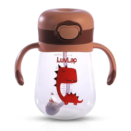 LuvLap Baby Bite Resistant Soft Silicone Straw Sipper Cup with Handle – 300ml, Brown, with Weighted Straw, Anti-Spill Lock, BPA-Free, for 6 Months+