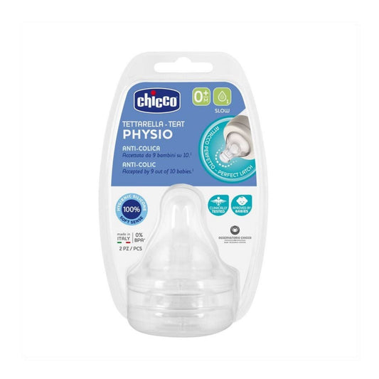 Chicco Physio Perfect 5 Teats – Smart Anti-Colic Slow Flow Nipple for Wide Neck Bottles, Newborn 0M+ (Pack of 2)