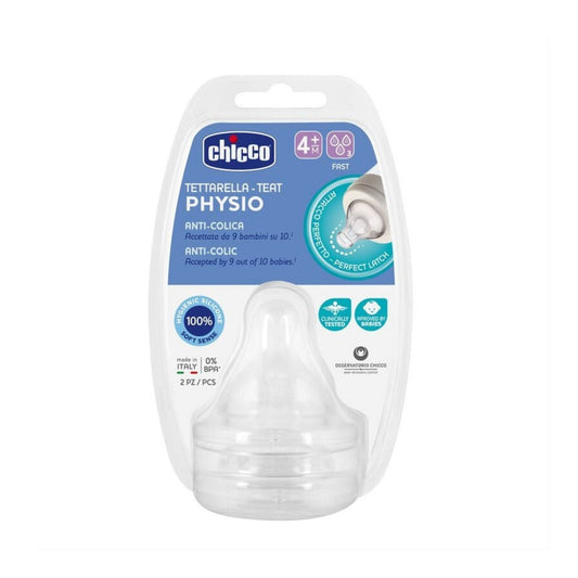Chicco Physio Perfect 5 Teats – Smart Anti-Colic Fast Flow Nipple for Wide Neck Bottles, Newborn 4M+ (Pack of 2)