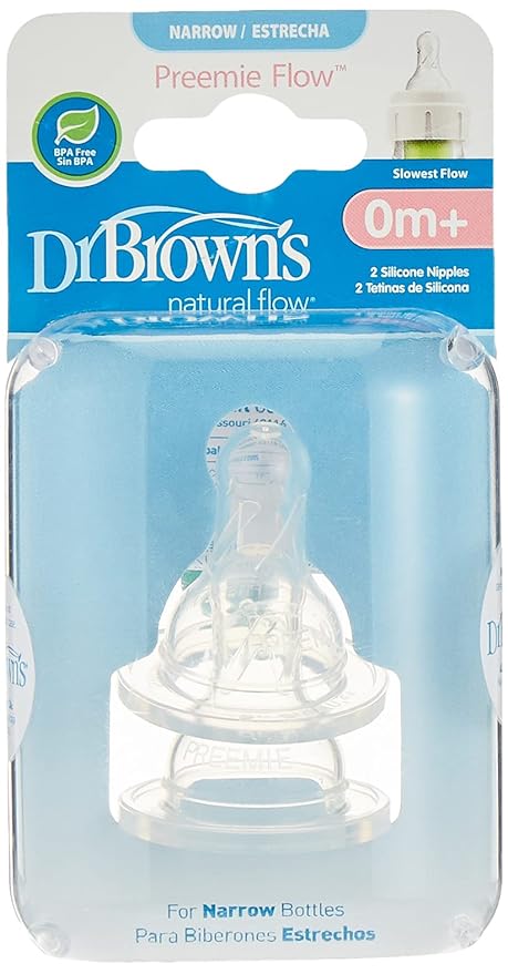 Dr. Brown's Preemie Flow Silicone Narrow Neck Nipple C, Extra Slow Flow, Anti-Colic, Pack of 2, White