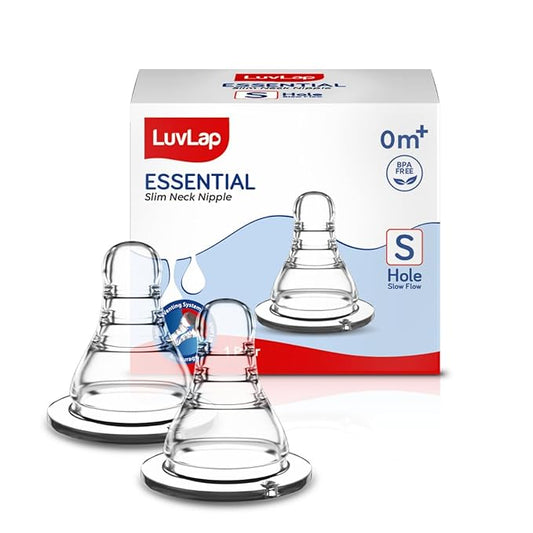 LuvLap Anti-Colic Essential Slow Flow Teat for Slim Neck Bottle – 2pcs, Soft Flexible Silicone, Ergonomic, Breastfeeding Mimic, Leak-Proof, BPA-Free with Sturdy Base, 0m+