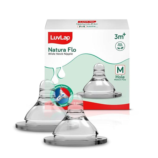LuvLap Anti-Colic Natura Flo Teats for Wide Neck Bottle – 2pcs, Medium Flow, 3m+
