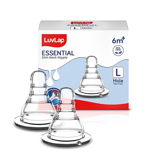 LuvLap Anti-Colic Essential Fast Flow Teats for Slim Neck Bottle – 2pcs, 6m+, Soft Silicone, Ergonomic, Leak-Proof, BPA-Free with Sturdy Base