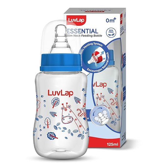 LuvLap Essential Slim Neck Feeding Bottle – 125ml, Jungle Tales Blue