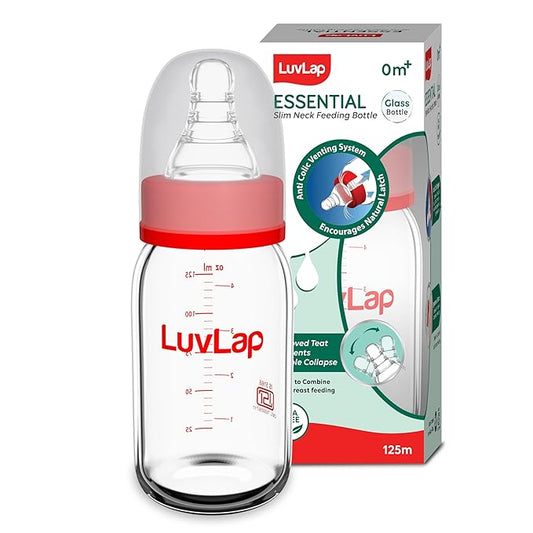 125ml, 0m+/Babies Upto 3 Years, Made of Borosilicate Glass, BPA Free, Ergonomic Shape is Easy to Hold, with Anti Colic Nipple, White & Red, Pack of 1