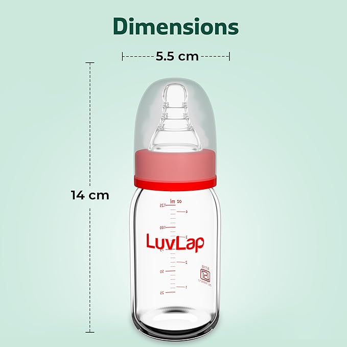 125ml, 0m+/Babies Upto 3 Years, Made of Borosilicate Glass, BPA Free, Ergonomic Shape is Easy to Hold, with Anti Colic Nipple, White & Red, Pack of 1