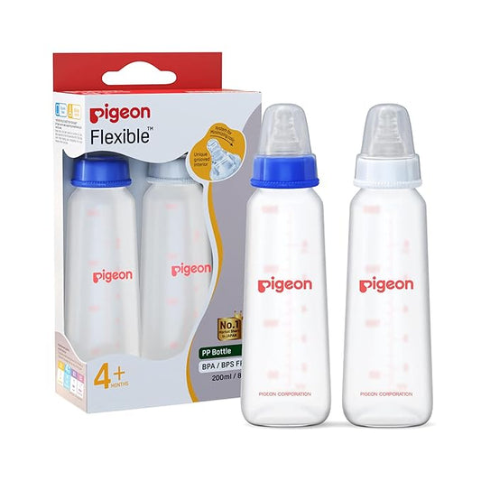 Pigeon Peristaltic Baby Nursing Bottle, KPP, Medium Nipple, BPA & BPS Free, 200ml, Pack of 2, Blue & White, 4+ Months