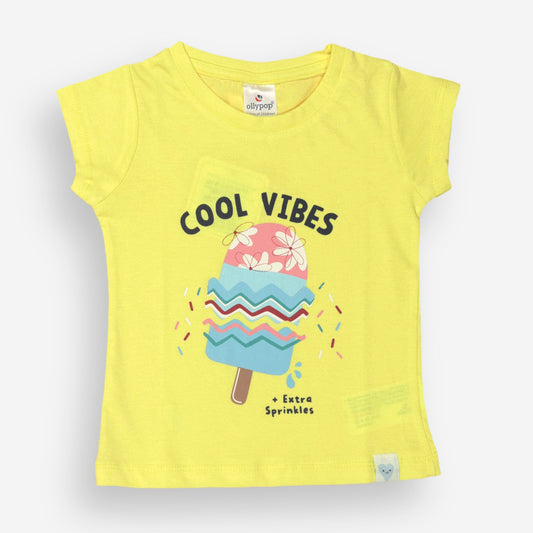 Ollypop Yellow Sinker Knit Half Sleeves Top with Cool Vibes Print