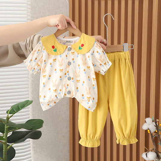 Girls Rabbit Printed Contrast Collared
 
 Top With Yellow Pants Set
