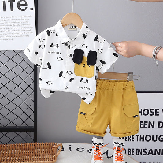 Boys Yellow Printed Short Sleeves Shirt
 
 With Cargo Shorts Set