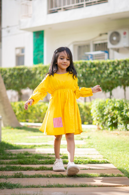 Girls' Mulmul Asymmetrical Dress – Solid Sunny Yellow, Lightweight & Breezy