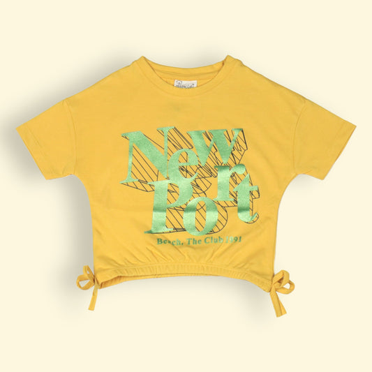 OlioKids Girl's Half Sleeve Round Neck Crop Top with Placement Print (Yellow)