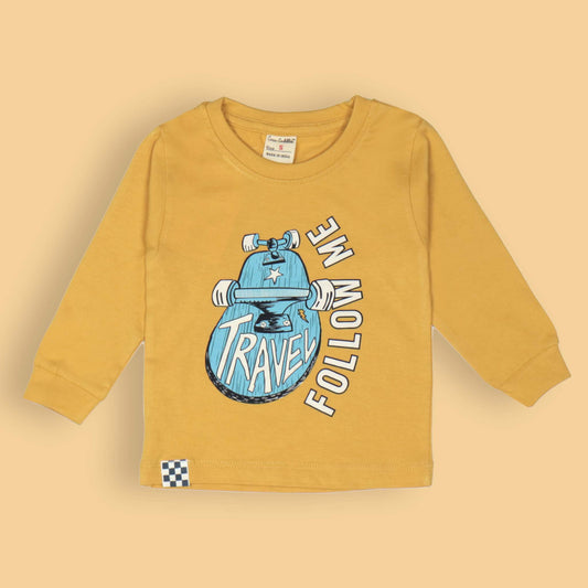 Cucumber Boys’ Essentials – Yellow Full Sleeve ‘Travel Follow Me’ Quote Tee, Soft Cotton Blend Comfort