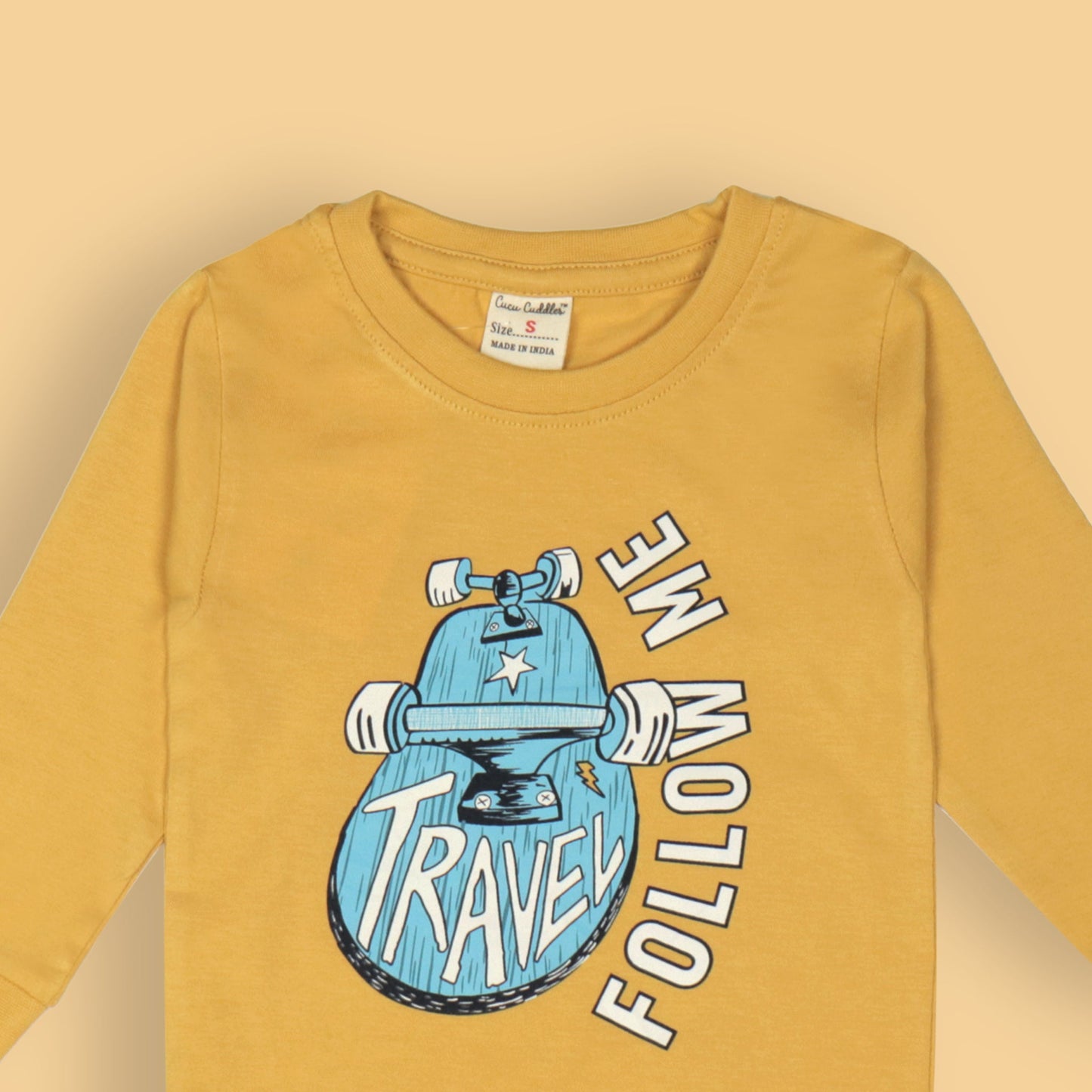 Cucumber Boys’ Essentials – Yellow Full Sleeve ‘Travel Follow Me’ Quote Tee, Soft Cotton Blend Comfort