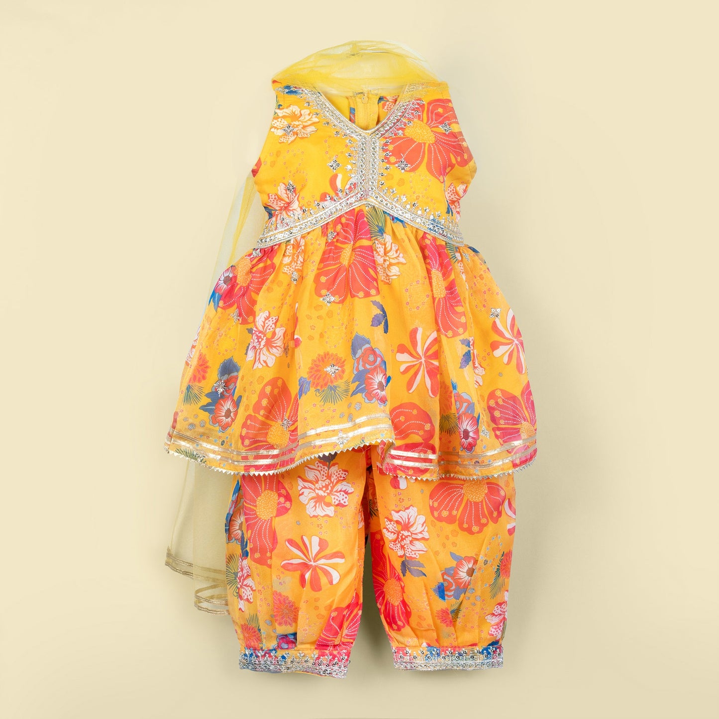 Festival Sunshine: Sparkle Yellow V-Neck Kurti & Churidar Set for Little Fashion Stars