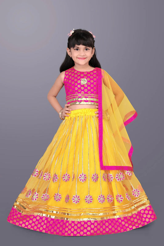 Satyam Fab Yellow Embroidered Lehenga Choli Set for Girls – Sleeveless Jacquard Top with Tulle Skirt & Dupatta