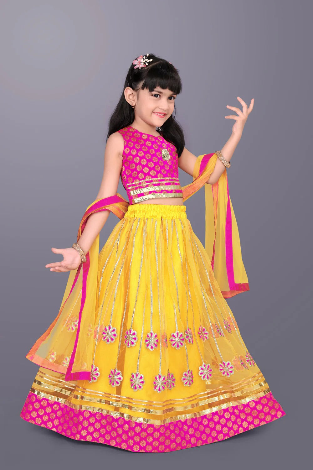 Satyam Fab Yellow Embroidered Lehenga Choli Set for Girls – Sleeveless Jacquard Top with Tulle Skirt & Dupatta