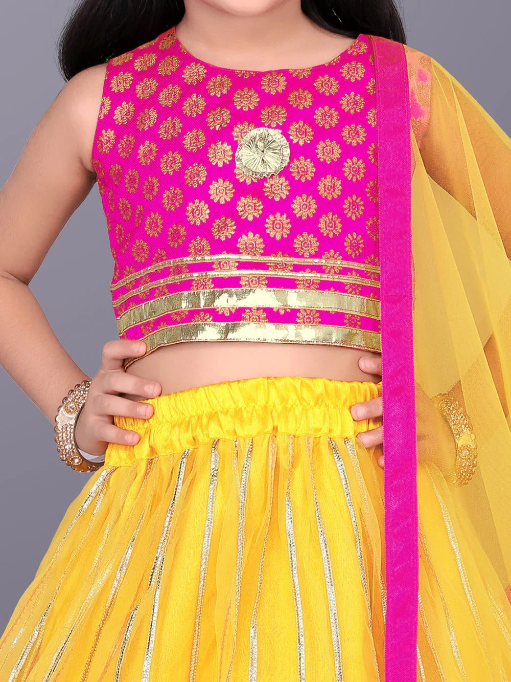 Satyam Fab Yellow Embroidered Lehenga Choli Set for Girls – Sleeveless Jacquard Top with Tulle Skirt & Dupatta