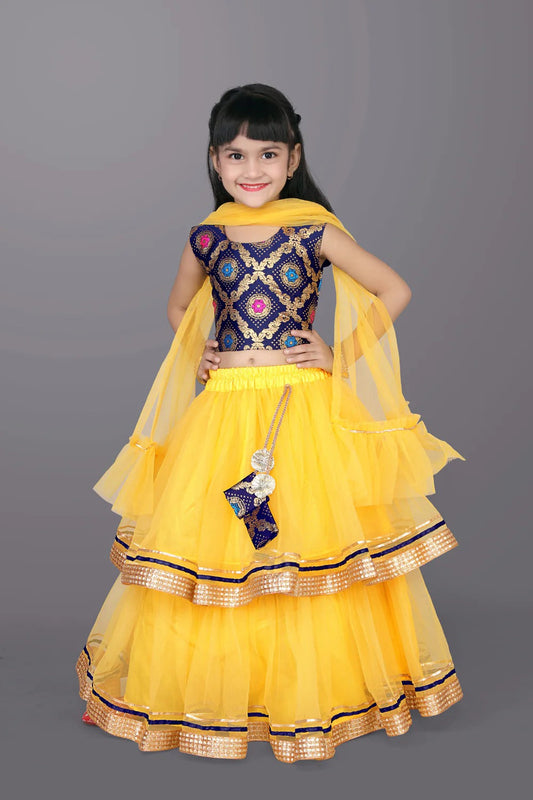 Satyam Fab Yellow Embroidered Lehenga Choli Set for Girls – Sleeveless Jacquard Top with Tulle Skirt & Dupatta