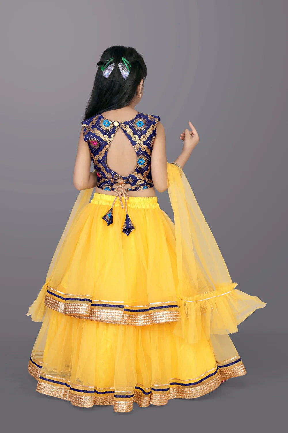 Satyam Fab Yellow Embroidered Lehenga Choli Set for Girls – Sleeveless Jacquard Top with Tulle Skirt & Dupatta