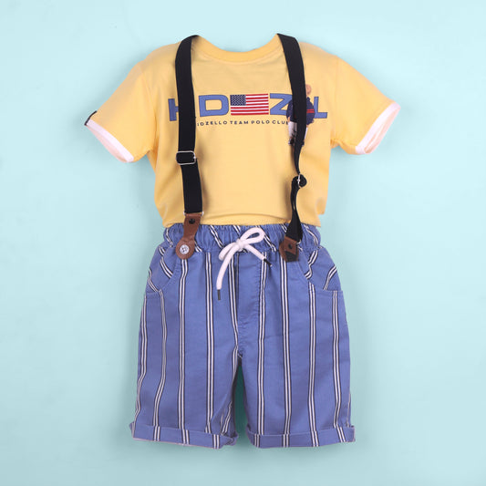 Smart Party Look – Boys’ Yellow Cotton Tee with Shorts & Braces