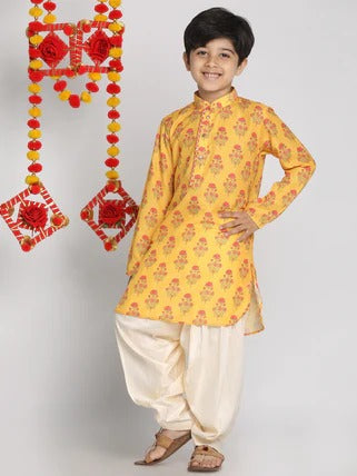 Playful Prints: VASTRAMAY Yellow Muslin Kurta with Elasticated Dhoti Pants for Festival Fun
