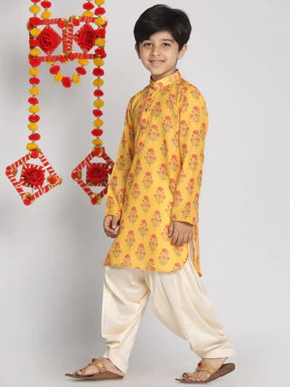 Playful Prints: VASTRAMAY Yellow Muslin Kurta with Elasticated Dhoti Pants for Festival Fun