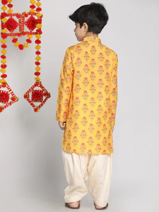 Playful Prints: VASTRAMAY Yellow Muslin Kurta with Elasticated Dhoti Pants for Festival Fun