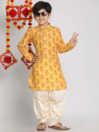 Playful Prints: VASTRAMAY Yellow Muslin Kurta with Elasticated Dhoti Pants for Festival Fun