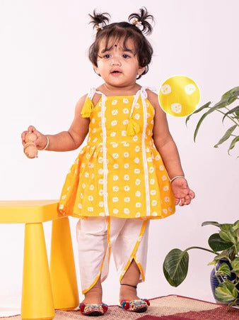 Twinkle in Yellow: VASTRAMAY Sleeveless Kurta with Playful Prints & Comfy Dhoti Pants