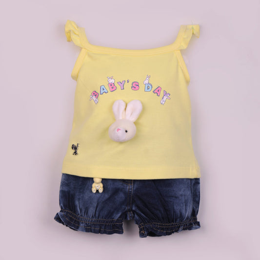 Cute & Comfy Yellow Cotton Top with Elasticated Denim Shorts – Baby’s Day