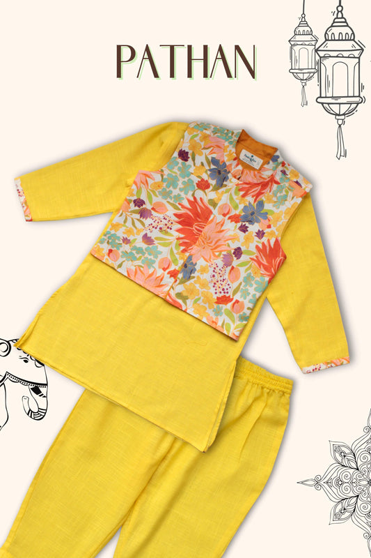 Peekaboo Festival Ready Yellow Kurta Pyjama Set with Stylish Cotton Jacket